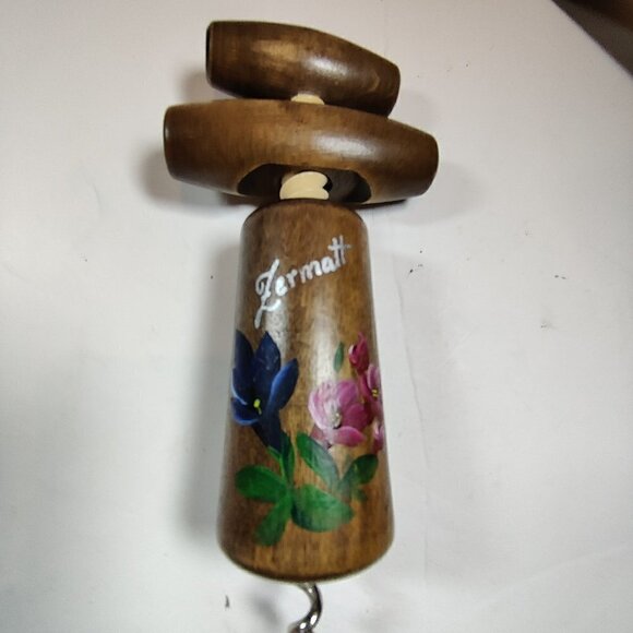 Wine Opener from Switzerland , city of Zermatt with Hand Painted Flowers on wood - Picture 2 of 6